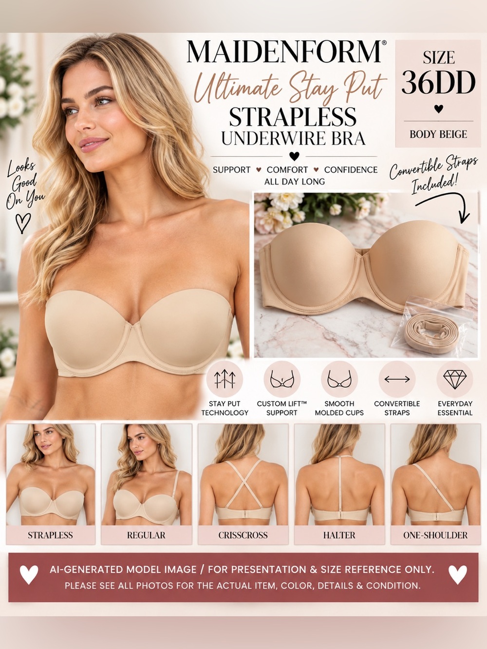 Maidenform Ultimate Stay Put Strapless Underwire Bra 36DD Beige